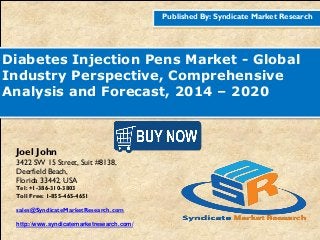 Published By: Syndicate Market Research
Diabetes Injection Pens Market - Global
Industry Perspective, Comprehensive
Analysis and Forecast, 2014 – 2020
Joel John
3422 SW 15 Street, Suit #8138,
Deerfield Beach,
Florida 33442, USA
Tel: +1-386-310-3803
Toll Free: 1-855-465-4651
sales@SyndicateMarketResearch.com
http://www.syndicatemarketresearch.com/
 