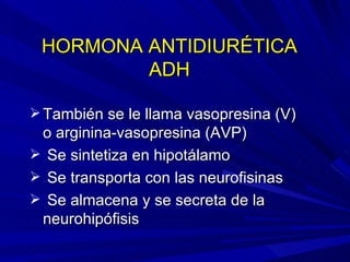 HORMONA ANTIDIURÉTICA ADH También se le llama vasopresina (V)  o arginina-vasopresina (AVP) Se sintetiza en hipotálamo Se transporta con las neurofisinas  Se almacena y se secreta de la neurohipófisis 