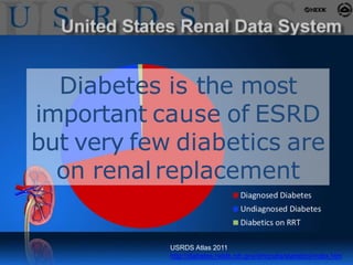 USRDS Atlas 2011
http://diabetes.niddk.nih.gov/dm/pubs/statistics/index.htm
Diabetes is the most
important cause of ESRD
but very few diabetics are
on renal replacement
 