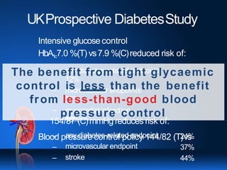 UKProspective DiabetesStudy
– any diabetes-related endpoints
12%
– microvascular endpoints
25%
– myocardial infarction
16%
Blood pressure control policy 144/82 (T)vs
–
–
–
any diabetes-related endpoint
microvascular endpoint
stroke
24%
37%
44%
Intensive glucosecontrol
HbA1c7.0 %(T) vs7.9 %(C)reduced risk of:
The benefit from tight glycaemic
control is less than the benefit
from less-than-good blood
pressure control
154/87 (C)mmHg reduces risk of:
 