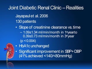 Joint Diabetic RenalClinic –Realities
Jayapaulet al.2006
130 patients
• Slope of creatinine clearance vs.time
– 1.09±1.34 ml/min/month in 1styearto
0.39±0.73 ml/min/month in 3rdyear
(p <0.004)
• HbA1c unchanged
• Significant improvement in SBP+DBP
(41%achieved <140/<80mmHg)
 