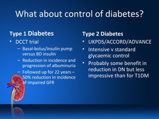 What about control of diabetes?
Type 1 Diabetes
• DCCT trial
– Basal-bolus/insulin pump
versus BD insulin
– Reduction in incidence and
progression of albuminuria
– Followed up for 22 years –
50% reduction in incidence
of impaired GFR
Type 2 Diabetes
• UKPDS/ACCORD/ADVANCE
• Intensive v standard
glycaemic control
• Probably some benefit in
reduction in DN but less
impressive than for T1DM
 