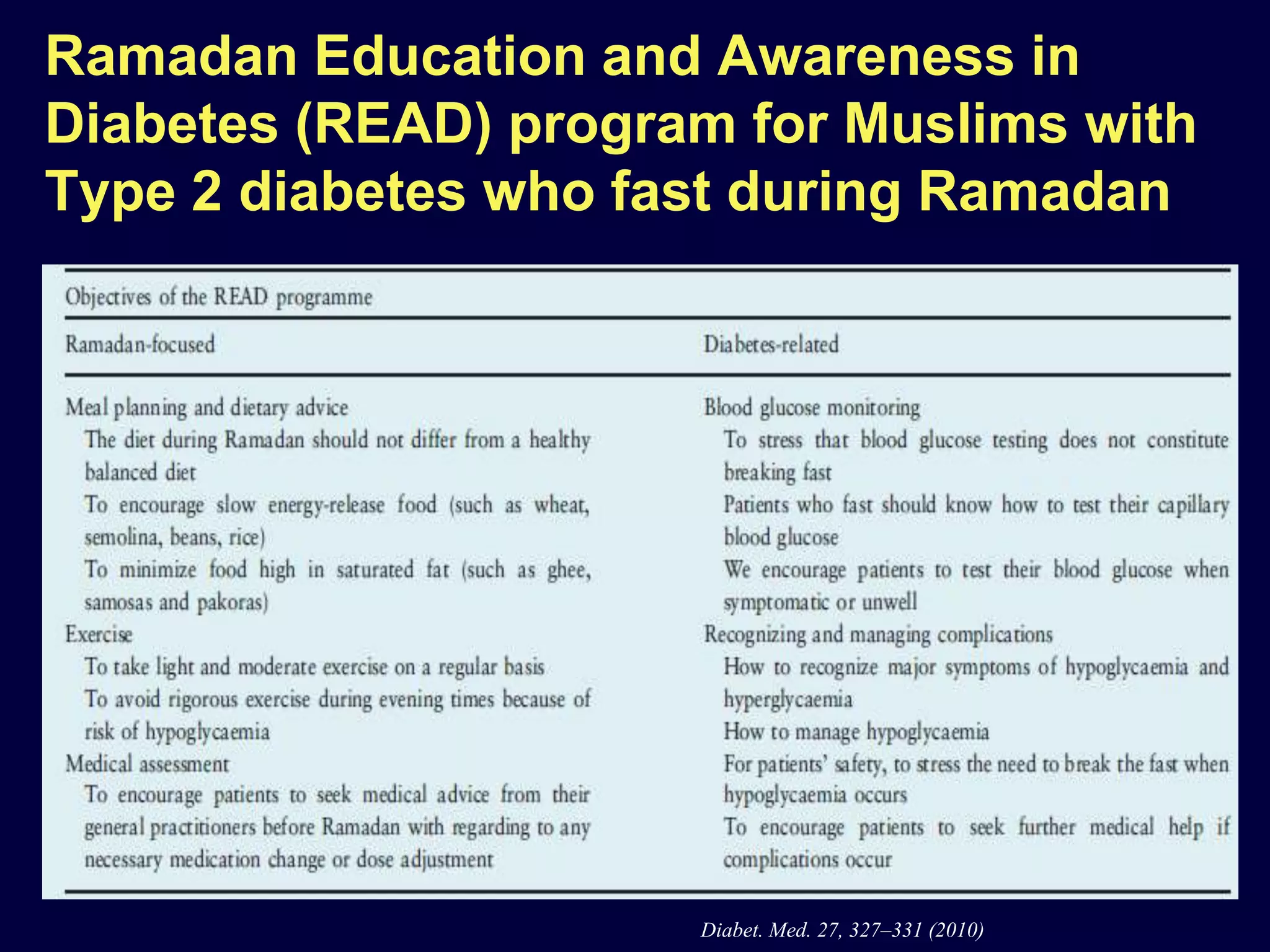 Ramadan Education and Awareness in
Diabetes (READ) program for Muslims with
Type 2 diabetes who fast during Ramadan




                      Diabet. Med. 27, 327–331 (2010)
 