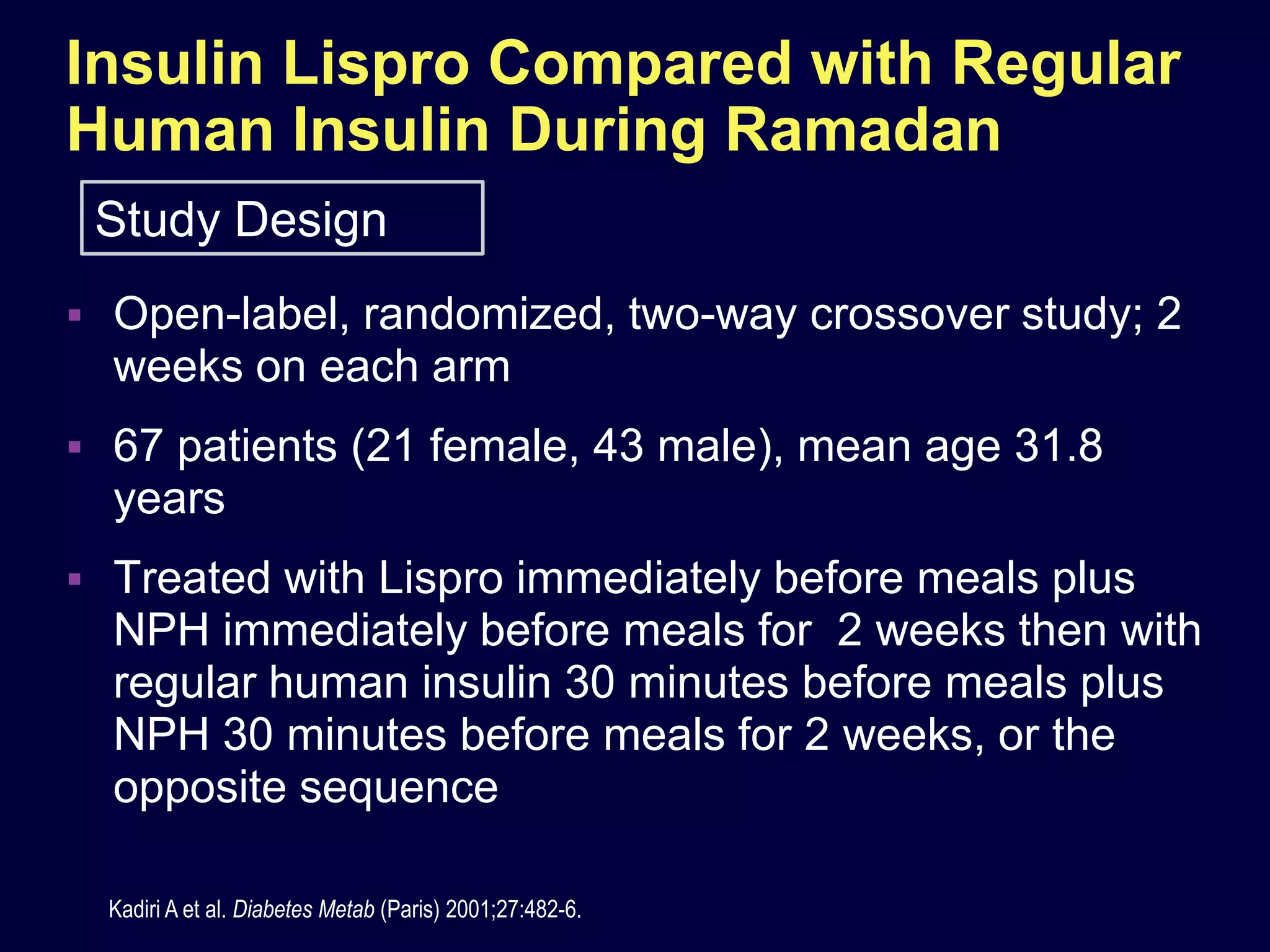 Insulin Lispro Compared with Regular
Human Insulin During Ramadan
 Study Design
 Open-label, randomized, two-way crossover study; 2
  weeks on each arm
 67 patients (21 female, 43 male), mean age 31.8
  years
 Treated with Lispro immediately before meals plus
  NPH immediately before meals for 2 weeks then with
  regular human insulin 30 minutes before meals plus
  NPH 30 minutes before meals for 2 weeks, or the
  opposite sequence

  Kadiri A et al. Diabetes Metab (Paris) 2001;27:482-6.
 