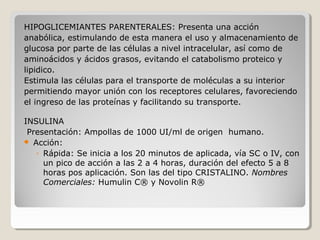 HIPOGLICEMIANTES PARENTERALES: Presenta una acción
anabólica, estimulando de esta manera el uso y almacenamiento de
glucosa por parte de las células a nivel intracelular, así como de
aminoácidos y ácidos grasos, evitando el catabolismo proteico y
lipidico.
Estimula las células para el transporte de moléculas a su interior
permitiendo mayor unión con los receptores celulares, favoreciendo
el ingreso de las proteínas y facilitando su transporte.
INSULINA
Presentación: Ampollas de 1000 UI/ml de origen humano.
 Acción:
◦ Rápida: Se inicia a los 20 minutos de aplicada, vía SC o IV, con
un pico de acción a las 2 a 4 horas, duración del efecto 5 a 8
horas pos aplicación. Son las del tipo CRISTALINO. Nombres
Comerciales: Humulin C® y Novolin R®
 