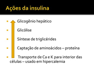  Glicogênio hepático
 Glicólise
 Síntese de triglicérides
 Captação de aminoácidos – proteína
 Transporte de Ca e K para interior das
células – usado em hipercalemia
 