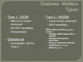  Type 1 - IDDM
• little to no insulin
produced
• 20-30% hereditary
• Ketoacidosis
 Gestational
• overweight; risk for
Type 2
 Type 2 - NIDDM
• some insulin produced
• 90% hereditary
 Other types include Secondary
Diabetes :
• Genetic defect beta cell or
insulin
• Disease of exocrine
pancreas
• Drug or chemical induced
• Infections-pancreatitits
• Others-steroids,
 