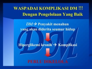 DM WASPADAI KOMPLIKASI DM !!! Dengan Pengelolaan Yang Baik Hiperglikemi kronik    Komplikasi PERLU DIKELOLA DM     Penyakit menahun  yang akan diderita seumur hidup 