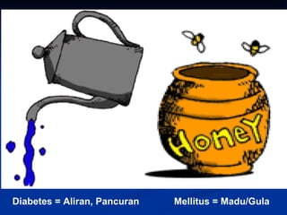 Diabetes = Aliran, Pancuran  Mellitus = Madu/Gula 
