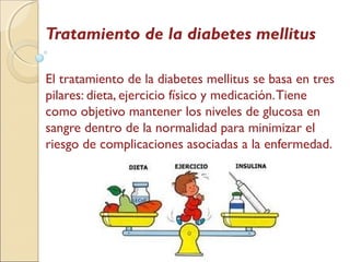 Tratamiento de la diabetes mellitus
El tratamiento de la diabetes mellitus se basa en tres
pilares: dieta, ejercicio físico y medicación.Tiene
como objetivo mantener los niveles de glucosa en
sangre dentro de la normalidad para minimizar el
riesgo de complicaciones asociadas a la enfermedad.
 