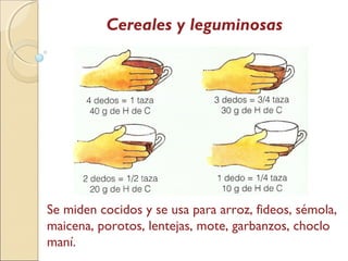 Se miden cocidos y se usa para arroz, fideos, sémola,
maicena, porotos, lentejas, mote, garbanzos, choclo
maní.
Cereales y leguminosas
 