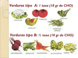 Verduras tipo A: 1 taza (10 gr de CHO)
Verduras tipo B: ½ taza (10 gr de CHO)
 