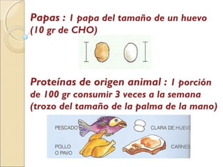 Papas : 1 papa del tamaño de un huevo
(10 gr de CHO)
Proteínas de origen animal : 1 porción
de 100 gr consumir 3 veces a la semana
(trozo del tamaño de la palma de la mano)
 