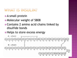  A small protein
 Molecular weight of 5808
 Contains 2 amino acid chains linked by
disulfide bonds
 Helps to store excess energy
 