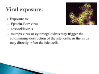 
o
o
o

Exposure to:
Epstein-Barr virus
coxsackievirus
mumps virus or cytomegalovirus may trigger the
autoimmune destruction of the islet cells, or the virus
may directly infect the islet cells.

 