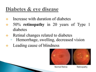 





Increase with duration of diabetes
50% retinopathy in 20 years of Type 1
diabetes
Retinal changes related to diabetes
◦ Hemorrhage, swelling, decreased vision
Leading cause of blindness

 