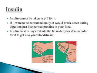 




Insulin cannot be taken in pill form.
If it were to be consumed orally, it would break down during
digestion just like normal proteins in your food.
Insulin must be injected into the fat under your skin in order
for it to get into your bloodstream.

 