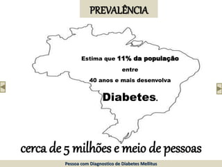 PREVALÊNCIA
Estima que 11% da população
entre
40 anos e mais desenvolva
Diabetes.
cerca de 5 milhões e meio de pessoas
Pessoa com Diagnostico de Diabetes Mellitus
 