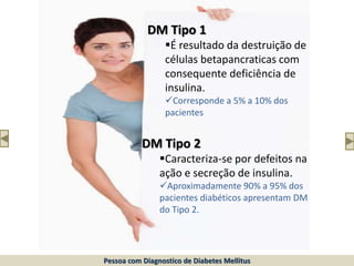DM Tipo 1
É resultado da destruição de
células betapancraticas com
consequente deficiência de
insulina.
Corresponde a 5% a 10% dos
pacientes
DM Tipo 2
Caracteriza-se por defeitos na
ação e secreção de insulina.
Aproximadamente 90% a 95% dos
pacientes diabéticos apresentam DM
do Tipo 2.
Pessoa com Diagnostico de Diabetes Mellitus
 