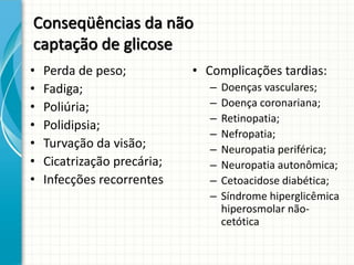 Conseqüências da não
captação de glicose
• Perda de peso;
• Fadiga;
• Poliúria;
• Polidipsia;
• Turvação da visão;
• Cicatrização precária;
• Infecções recorrentes
• Complicações tardias:
– Doenças vasculares;
– Doença coronariana;
– Retinopatia;
– Nefropatia;
– Neuropatia periférica;
– Neuropatia autonômica;
– Cetoacidose diabética;
– Síndrome hiperglicêmica
hiperosmolar não-
cetótica
 