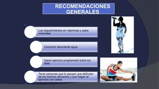 Los requerimientos en vitaminas y sales
minerales
Consumir abundante agua.
Hacer ejercicio programado todos los
días.
Tener personas que lo apoyen que disfruten
de los mismos alimentos y que hagan el
ejercicio con usted.
RECOMENDACIONES
GENERALES
 