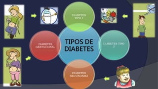 TIPOS DE
DIABETES
DIABETES
TIPO 1
DIABETES TIPO
2
DIABETES
SECUNDARIA
DIABETES
GESTACIONAL
 