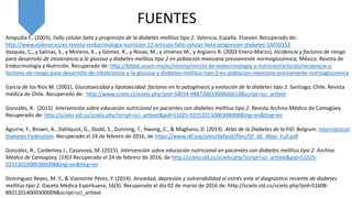 FUENTES
Ampudia F., (2003), Fallo celular beta y progresión de la diabetes mellitus tipo 2. Valencia, España. Elsevier. Recuperado de:
http://www.elsevier.es/es-revista-endocrinologia-nutricion-12-articulo-fallo-celular-beta-progresion-diabetes-13050152
Vazquez, C., y Salinas, S., y Moreno, K., y Gómez, R., y Rosso, M., y Jiménez M., y Argüero R. (2003 Enero-Marzo), Incidencia y factores de riesgo
para desarrollo de intolerancia a la glucosa y diabetes mellitus tipo 2 en población mexicana previamente normoglucémica, México. Revista de
Endocrinología y Nutrición. Recuperado de: http://biblat.unam.mx/es/revista/revista-de-endocrinologia-y-nutricion/articulo/incidencia-y-
factores-de-riesgo-para-desarrollo-de-intolerancia-a-la-glucosa-y-diabetes-mellitus-tipo-2-en-poblacion-mexicana-previamente-normoglucemica
García de los Ríos M. (2001), Glucotoxicidad y lipotoxicidad: factores en la patogénesis y evolución de la diabetes tipo 2. Santiago, Chile. Revista
médica de Chile. Recuperado de: http://www.scielo.cl/scielo.php?pid=S0034-98872001000600013&script=sci_arttext
González, R. (2015) Intervención sobre educación nutricional en pacientes con diabetes mellitus tipo 2. Revista Archivo Médico de Camagüey.
Recuperado de: http://scielo.sld.cu/scielo.php?script=sci_arttext&pid=S1025-02552015000300008&lng=en&tlng=en
Aguirre, F., Brown, A., Dahlquist, G., Dodd, S., Dunning, T., Hwang, C., & Magliano, D. (2013). Atlas de la Diabetes de la FID. Belgium: International
Diabetes Federation. Recuperado el 24 de febrero de 2016, de https://www.idf.org/sites/default/files/SP_6E_Atlas_Full.pdf
González, R., Cardentey J., Casanova, M. (2015). Intervención sobre educación nutricional en pacientes con diabetes mellitus tipo 2. Archivo
Médico de Camagüey, (19)3 Recuperado el 24 de febrero de 2016, de http://scielo.sld.cu/scielo.php?script=sci_arttext&pid=S1025-
02552015000300008&lng=en&tlng=en
Domínguez Reyes, M. Y., & Viamonte Pérez, Y. (2014). Ansiedad, depresión y vulnerabilidad al estrés ante el diagnóstico reciente de diabetes
mellitus tipo 2. Gaceta Médica Espirituana, 16(3). Recuperado el día 02 de marzo de 2016 de: http://scielo.sld.cu/scielo.php?pid=S1608-
89212014000300009&script=sci_arttext
 