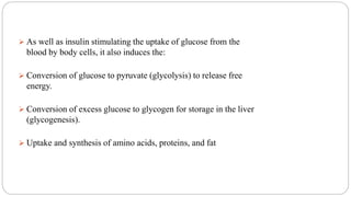  As well as insulin stimulating the uptake of glucose from the
blood by body cells, it also induces the:
 Conversion of glucose to pyruvate (glycolysis) to release free
energy.
 Conversion of excess glucose to glycogen for storage in the liver
(glycogenesis).
 Uptake and synthesis of amino acids, proteins, and fat
 