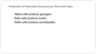 Production of Pancreatic Hormones by Three Cell Types
 Alpha cells produce glucagon.
 Beta cells produce insulin.
 Delta cells produce somatostatin.
 