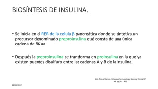 BIOSÍNTESIS DE INSULINA.
• Se inicia en el RER de la celula β pancreática donde se sintetiza un
precursor denominado preproinsulina qué consta de una única
cadena de 86 aa.
• Después la preproinsulina se transforma en proinsulina en la que ya
existen puentes disulfuro entre las cadenas A y B de la insulina.
23/02/2017
Vela Rivera Marcos Velasquéz Farmacologia Basica y Clinica 18°
ed. pág. 621-622
 