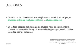 ACCIONES:
• Cuando ↓ las concentraciones de glucosa o insulina en sangre, el
glucagon estimula la glucogenólisis y la gluconeogénesis
• En la fase posprandial, la carga de glucosa hace que aumente la
concentración de insulina y disminuya la de glucagon, con lo cual se
invierten dichos procesos.
23/02/2017
Vela Rivera Marcos Harrison principios de medicina interna
18°ed. Vol 2 pag 2968 Cecil Y Goldman Tratado De Medicina
Interna vol. II pag 1494 Velasquéz Farmacologia Basica y Clinica
18° ed. pág. 621
 