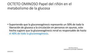 OCTETO OMINOSO Papel del riñón en el
metabolismo de la glucosa
• Suponiendo que la gluconeogénesis represente un 50% de toda la
liberación de glucosa a la circulación en personas en ayunas, este
hecho sugiere que la gluconeogénesis renal es responsable de hasta
el 40% de toda la gluconeogénesis.
23/02/2017
Vela Rivera Marcos
www.elsevier.es/semergen SEMERGEN
 