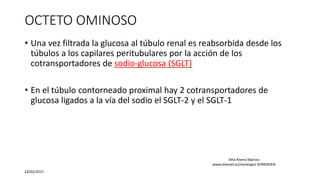 OCTETO OMINOSO
• Una vez filtrada la glucosa al túbulo renal es reabsorbida desde los
túbulos a los capilares peritubulares por la acción de los
cotransportadores de sodio-glucosa (SGLT)
• En el túbulo contorneado proximal hay 2 cotransportadores de
glucosa ligados a la vía del sodio el SGLT-2 y el SGLT-1
23/02/2017
Vela Rivera Marcos
www.elsevier.es/semergen SEMERGEN
 