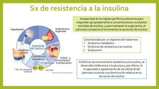Sx de resistencia a la insulina
Incapacidad de los tejidos periféricos efectores para
responder apropiadamente a concentraciones circulantes
normales de insulina, y para mantener la euglucemia, el
páncreas compensa al incrementar la secreción de insulina
Caracterizada por un espectro de trastornos:
• Síndrome metabólico
• Síndrome de resistencia a la insulina
• Síndrome X
Conforme se incrementa la resistencia a la insulina, se
desarrolla intolerancia a la glucosa y, por último, la
incapacidad o agotamiento de las células β del
páncreas ocasiona una disminución relativa en la
secreción de insulina
 