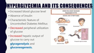 HYPERGLYCEMIA AND ITS CONSEQUENCES
• Increased blood glucose level
• Absence of Insulin
• Characteristic feature of
Uncontrolled Diabetes Mellitus
• Decreased peripheral utilization
of glucose
• Increased hepatic output of
glucose to carry out
glycogenolysis and
gluconeogenesis.
 