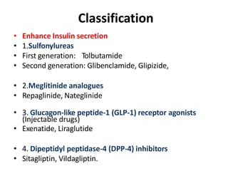 Classification
• Enhance Insulin secretion
• 1.Sulfonylureas
• First generation: Tolbutamide
• Second generation: Glibenclamide, Glipizide,
• 2.Meglitinide analogues
• Repaglinide, Nateglinide
• 3. Glucagon-like peptide-1 (GLP-1) receptor agonists
(Injectable drugs)
• Exenatide, Liraglutide
• 4. Dipeptidyl peptidase-4 (DPP-4) inhibitors
• Sitagliptin, Vildagliptin.
 