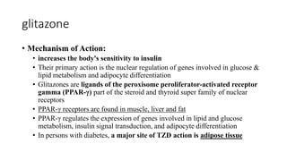 glitazone
• Mechanism of Action:
• increases the body's sensitivity to insulin
• Their primary action is the nuclear regulation of genes involved in glucose &
lipid metabolism and adipocyte differentiation
• Glitazones are ligands of the peroxisome peroliferator-activated receptor
gamma (PPAR-γ) part of the steroid and thyroid super family of nuclear
receptors
• PPAR-γ receptors are found in muscle, liver and fat
• PPAR-γ regulates the expression of genes involved in lipid and glucose
metabolism, insulin signal transduction, and adipocyte differentiation
• In persons with diabetes, a major site of TZD action is adipose tissue
 