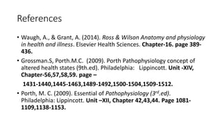 References
• Waugh, A., & Grant, A. (2014). Ross & Wilson Anatomy and physiology
in health and illness. Elsevier Health Sciences. Chapter-16. page 389-
436.
• Grossman.S, Porth.M.C. (2009). Porth Pathophysiology concept of
altered health states (9th.ed). Philadelphia: Lippincott. Unit -XIV,
Chapter-56,57,58,59. page –
1431-1440,1445-1463,1489-1492,1500-1504,1509-1512.
• Porth, M. C. (2009). Essential of Pathophysiology (3rd.ed).
Philadelphia: Lippincott. Unit –XII, Chapter 42,43,44. Page 1081-
1109,1138-1153.
 