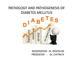 MODERATOR: Dr. RAMYA BS
PRESENTER : Dr. CHITRA R
PATHOLOGY AND PATHOGENESIS OF
DIABETES MELLITUS
 