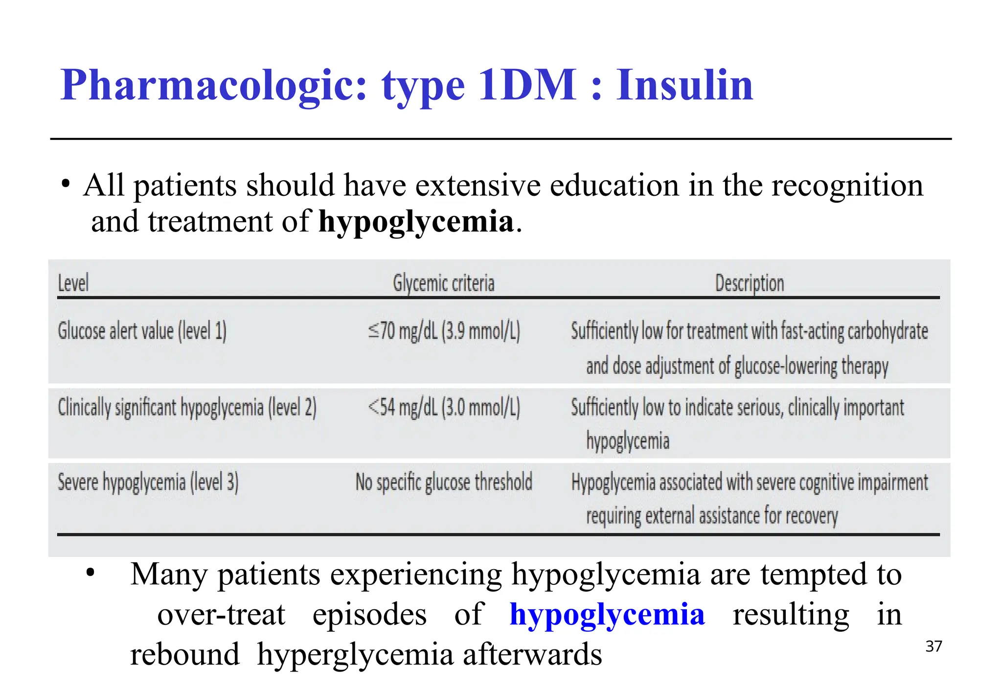Pharmacologic: type 1DM : Insulin
• All patients should have extensive education in the recognition
and treatment of hypoglycemia.
37
• Many patients experiencing hypoglycemia are tempted to
over-treat episodes of hypoglycemia resulting in
rebound hyperglycemia afterwards
 