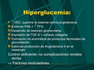 Hiperglucemia:
  ↑ VEC, suprime el sistema renina-angiotensina
  Estimula FNA = ↑ TFG
  Desarrollo de lesiones glomerulares
  Expresión de TGF-ß = síntesis colágena
  Formación no enzimática de productos terminales de
  glucosilación
  Estimula producción de Angiotensina II en el
  mesangio.
Control deficiente: no complicaciones renales
 serias
⇒ Factores moduladores
 