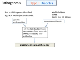 Pathogenesis
Susceptibility genes identified
e.g. HLA haplotypes DR3 & DR4.
cell-mediated autoimmune
destruction of the beta-cells
of the pancreas by auto-
antibodies
genetic
predisposition environmental factors
viral infections
stress
toxins e.g. rat poison
Type 1 Diabetes
absolute insulin deficiency
 