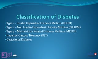 • Type 1 – Insulin Dependent Diabetes Mellitus (IDDM)
• Type 2 – Non Insulin Dependent Diabetes Mellitus (NIDDM)
• Type 3 – Malnutrition Related Diabetes Mellitus (MRDM)
• Impaired Glucose Tolerance (IGT)
• Gestational Diabetes
 