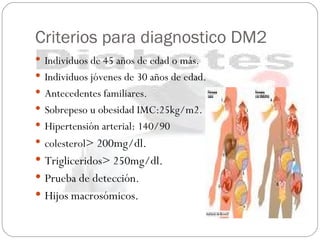 Criterios para diagnostico DM2 Individuos de 45 años de edad o más. Individuos jóvenes de 30 años de edad. Antecedentes familiares. Sobrepeso u obesidad IMC:25kg/m2. Hipertensión arterial: 140/90 colesterol > 200mg/dl. Trigliceridos> 250mg/dl. Prueba de detección. Hijos macrosómicos. 