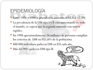 EPIDEMIOLOGÍA Entre 1976 y 1994 la prevalencia aumento del 8.9 al 12.3%. La prevalencia de la DM tipo I y II esta aumentando en todo el mundo, se espera que la segunda aumente con mayor rapidez. En 1998 aproximadamente 16 millones de personas cumplían los criterios de  DM en EU.(6% de la población) 800 000 individuos padecen DM en EU cada año. Más del 90% padecen DM tipo II. 