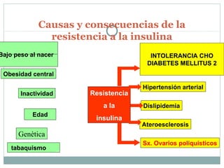 Causas y consecuencias de la
resistencia a la insulina

Bajo peso al nacer

INTOLERANCIA CHO
DIABETES MELLITUS 2

Obesidad central
Inactividad

Resistencia
a la

Edad

insulina

Hipertensión arterial
Dislipidemia
Ateroesclerosis

Genètica
tabaquismo

Sx. Ovarios poliquísticos

 