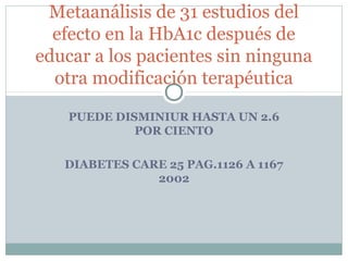 Metaanálisis de 31 estudios del
efecto en la HbA1c después de
educar a los pacientes sin ninguna
otra modificación terapéutica
PUEDE DISMINIUR HASTA UN 2.6
POR CIENTO
DIABETES CARE 25 PAG.1126 A 1167
2002

 