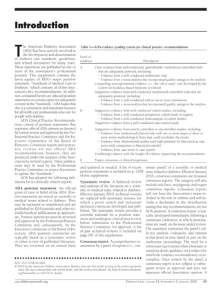 Introduction


T
       he American Diabetes Association            Table 1—ADA evidence-grading system for clinical practice recommendations
       (ADA) has been actively involved in
       the development and dissemination
                                                   Level of
of diabetes care standards, guidelines,
                                                   evidence                                          Description
and related documents for many years.
These statements are published in one or           A           Clear evidence from well-conducted, generalizable, randomized controlled trials
more of the Association’s professional                           that are adequately powered, including:
journals. This supplement contains the                             Evidence from a well-conducted multicenter trial
latest update of ADA’s major position                              Evidence from a meta-analysis that incorporated quality ratings in the analysis
statement, “Standards of Medical Care in                       Compelling nonexperimental evidence, i.e., the “all or none” rule developed by the
Diabetes,” which contains all of the Asso-                       Centre for Evidence-Based Medicine at Oxford
ciation’s key recommendations. In addi-                        Supportive evidence from well-conducted randomized controlled trials that are
tion, contained herein are selected position                     adequately powered, including:
statements on certain topics not adequately                        Evidence from a well-conducted trial at one or more institutions
covered in the “Standards.” ADA hopes that                         Evidence from a meta-analysis that incorporated quality ratings in the analysis
this is a convenient and important resource
                                                   B           Supportive evidence from well-conducted cohort studies, including:
for all health care professionals who care for
                                                                  Evidence from a well-conducted prospective cohort study or registry
people with diabetes.
                                                                  Evidence from a well-conducted meta-analysis of cohort studies
     ADA Clinical Practice Recommenda-
                                                               Supportive evidence from a well-conducted case-control study
tions consist of position statements that
represent ofﬁcial ADA opinion as denoted           C           Supportive evidence from poorly controlled or uncontrolled studies, including:
by formal review and approval by the Pro-                         Evidence from randomized clinical trials with one or more major or three or
fessional Practice Committee and the Ex-                          more minor methodological ﬂaws that could invalidate the results
ecutive Committee of the Board of                                 Evidence from observational studies with high potential for bias (such as case
Directors. Consensus reports and system-                          series with comparison to historical controls)
atic reviews are not ofﬁcial ADA                                  Evidence from case series or case reports
recommendations; however, they are                             Conﬂicting evidence with the weight of evidence supporting the recommendation
produced under the auspices of the Asso-
ciation by invited experts. These publica-         E           Expert consensus or clinical experience
tions may be used by the Professional
                                                         and updated as needed. A list of recent sensus panel) of a scientiﬁc or medical
Practice Committee as source documents
                                                         position statements is included on p. S100 issue related to diabetes. Effective January
to update the “Standards.”
                                                         of this supplement.                                 2010, consensus statements are renamed
     ADA has adopted the following deﬁ-
nitions for its clinically related reports.              Systematic review. A balanced review consensus reports. The category will also
                                                         and analysis of the literature on a scien- include task force, workgroup, and expert
ADA position statement. An ofﬁcial
                                                         tiﬁc or medical topic related to diabetes. committee reports. Consensus reports
point of view or belief of the ADA. Posi-
                                                         Effective January 2010, technical reviews will not have the Association’s name in-
tion statements are issued on scientiﬁc or
                                                         are replaced with systematic reviews, for cluded in the title or subtitle and will in-
medical issues related to diabetes. They
                                                         which a priori search and inclusion/ clude a disclaimer in the introduction
may be authored or unauthored and are
                                                         exclusion criteria are developed and pub- stating that any recommendations are not
published in ADA journals and other sci-
                                                         lished. The systematic review provides a ADA position. A consensus report is typ-
entiﬁc/medical publications as appropri-
                                                         scientiﬁc rationale for a position state- ically developed immediately following a
ate. Position statements must be reviewed
                                                         ment and undergoes critical peer review consensus conference at which presenta-
and approved by the Professional Practice
                                                         before submission to the Professional tions are made on the issue under review.
Committee and, subsequently, by the
                                                         Practice Committee for approval. A list The statement represents the panel’s col-
Executive Committee of the Board of Di-
                                                         of past technical reviews is included on
rectors. ADA position statements are                                                                         lective analysis, evaluation, and opinion
                                                         page S97 of this supplement.
typically based on a systematic review                                                                       at that point in time based in part on the
or other review of published literature. Consensus report. A comprehensive ex- conference proceedings. The need for a
They are reviewed on an annual basis amination by a panel of experts (i.e., con- consensus report arises when clinicians or
                                                                                                             scientists desire guidance on a subject for
                                                                                                             which the evidence is contradictory or in-
● ● ● ● ● ● ● ● ● ● ● ● ● ● ● ● ● ● ● ● ● ● ● ● ● ● ● ● ● ● ● ● ● ● ● ● ● ● ● ● ● ● ● ● ● ● ● ● ●
                                                                                                             complete. Once written by the panel, a
DOI: 10.2337/dc10-S001.                                                                                      consensus report is not subject to subse-
© 2010 by the American Diabetes Association. Readers may use this article as long as the work is properly
   cited, the use is educational and not for proﬁt, and the work is not altered. See http://creativecommons. quent review or approval and does not
   org/licenses/by-nc-nd/3.0/ for details.                                                                   represent ofﬁcial Association opinion. A

care.diabetesjournals.org                                                               DIABETES CARE, VOLUME 33, SUPPLEMENT 1, JANUARY 2010         S1
 