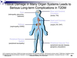 Eyes
(retinopathy, glaucoma,
cataracts)
Brain and Cerebral
Circulation
(stroke, TIA)
Heart and Coronary
Circulation
(angina, MI, CHF)Kidneys
(nephropathy, ESRD)
Peripheral Nervous
System
(peripheral neuropathy) Peripheral Vascular Tree
(peripheral vascular disease,
gangrene, amputation)
Tissue Damage in Many Organ Systems Leads to
Serious Long-term Complications in T2DM
Diabetes Mellitus: An Overview 2229/03/2014
CHF=congestive heart failure; ESRD=end-stage renal disease; MI=myocardial infarction; TIA=transient ischemic attack; T2DM=type 2 diabetes mellitus
Adapted from International Diabetes Federation. Complications. Available at: www.eatlas.idf.org/complications Accessed February 17, 2009.
 