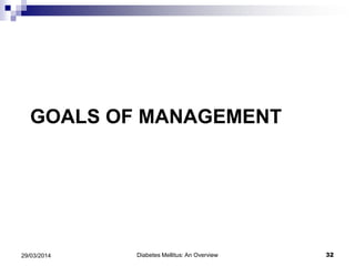 GOALS OF MANAGEMENT
Diabetes Mellitus: An Overview 3229/03/2014
 